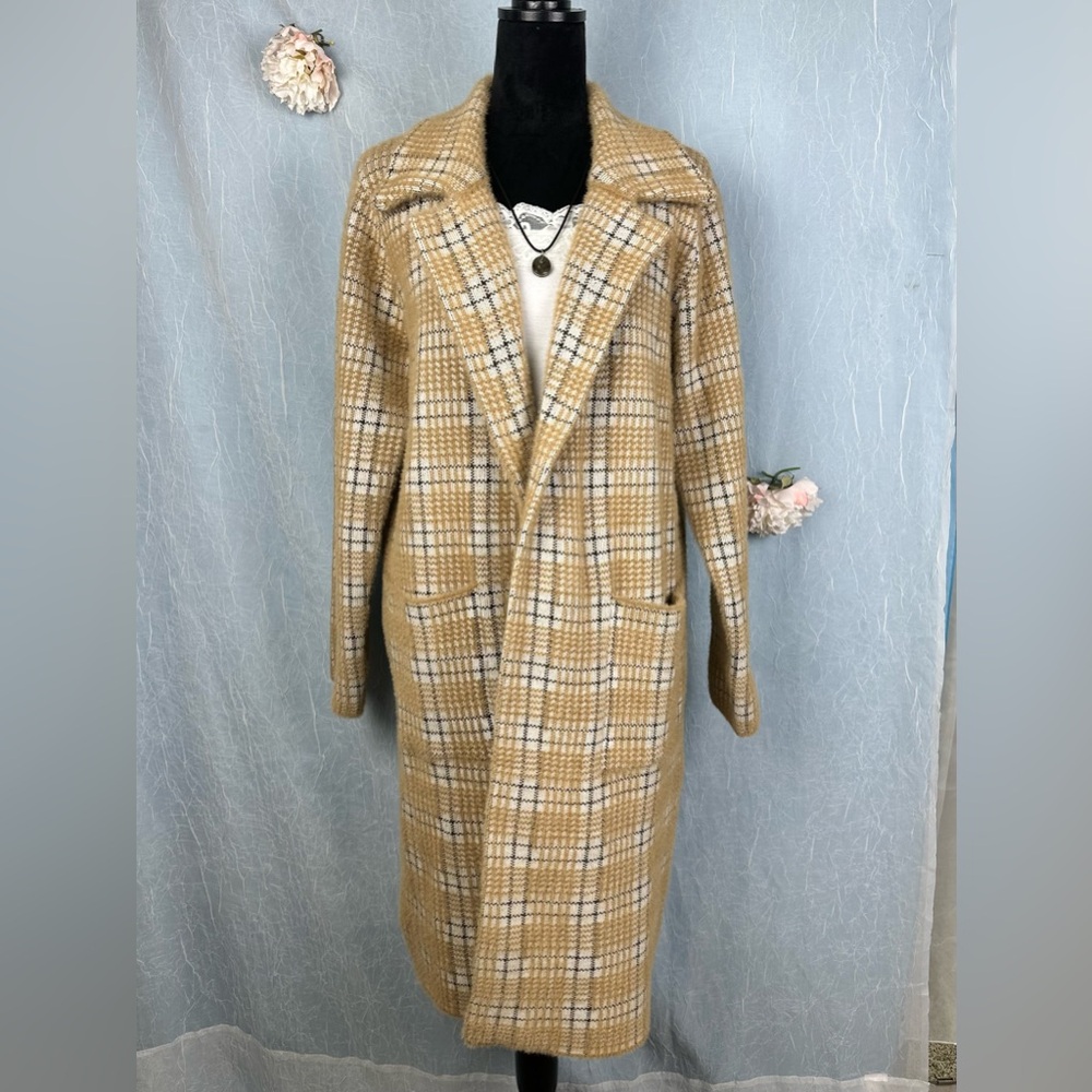 [6] Tahari plaid open-front maxi duster cardigan.